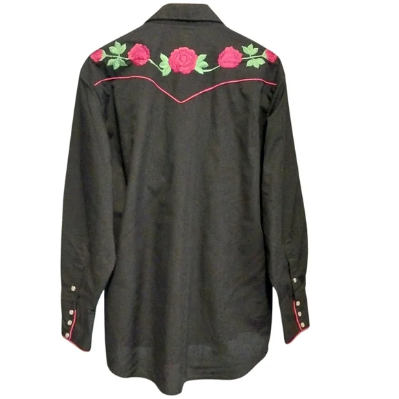 VTG Karman Cowboy Western Peal Snap Embroidered Floral Roses Shirt 80s Mens - Picture 9 of 10